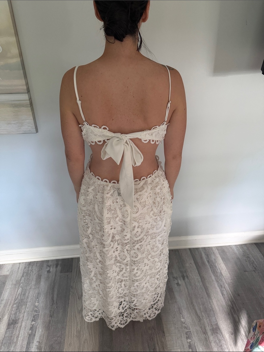 Saylor Wendie Dress Floral Lace Embroidered Cutout Open Tie Bow Back White Large - Picture 6 of 9